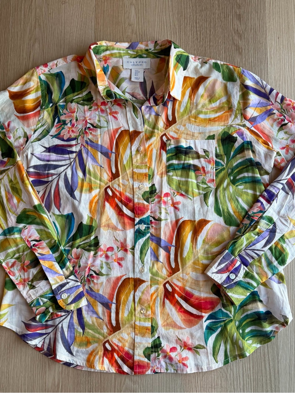 Calypso St. Barth White Button-Down Shirt with Multicolor Tropical Leaf Print S
